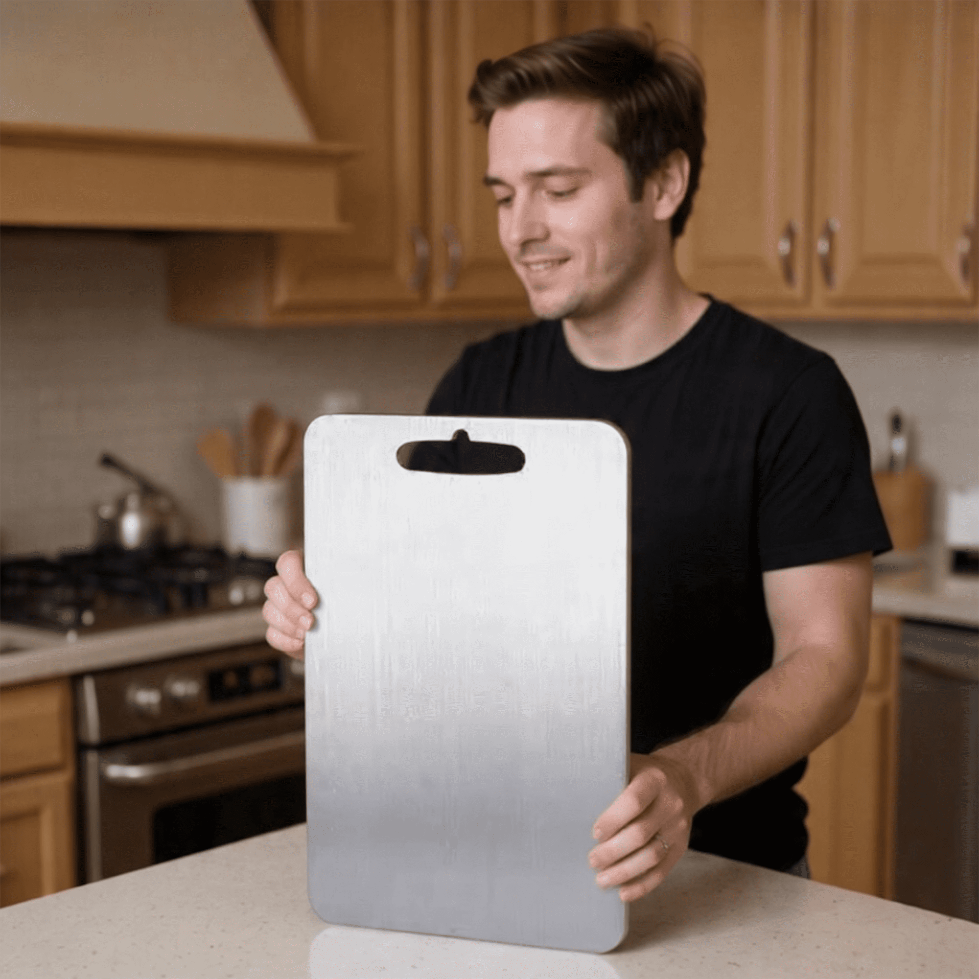 304 Stainless Steel Cutting Board with Bench Scraper & Wooden Handle | Food Grade, Large Metal Chopping Board, Dough Cutter, Dishwasher Safe | Kitchen Set for Meat, Bread, Vegetables & Pastry