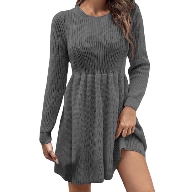 Vestido de punto de color liso para mujer, manga larga y largo midi. Cómodo y versátil para todas las estaciones. Tallas: S-XL.