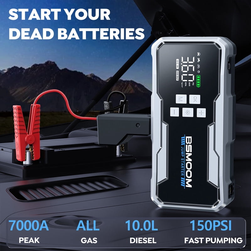 BSMOOM Jump Starter with Air Compressor 7000A 150PSI Portable Car Battery Jump Starter (All Gas/10L Diesel),12V Portable Booster Pack with Jumper Cables, Fast Charging, Emergency Light