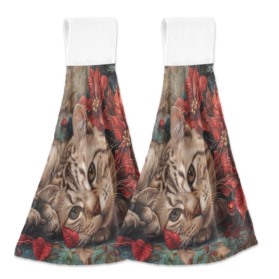 BZSMCE Hanging Hand Towels Fashion Pondering Tabby Amidst Poinsettias Pattern 2-Pack - Velcro Style Bathroom Kitchen Towels