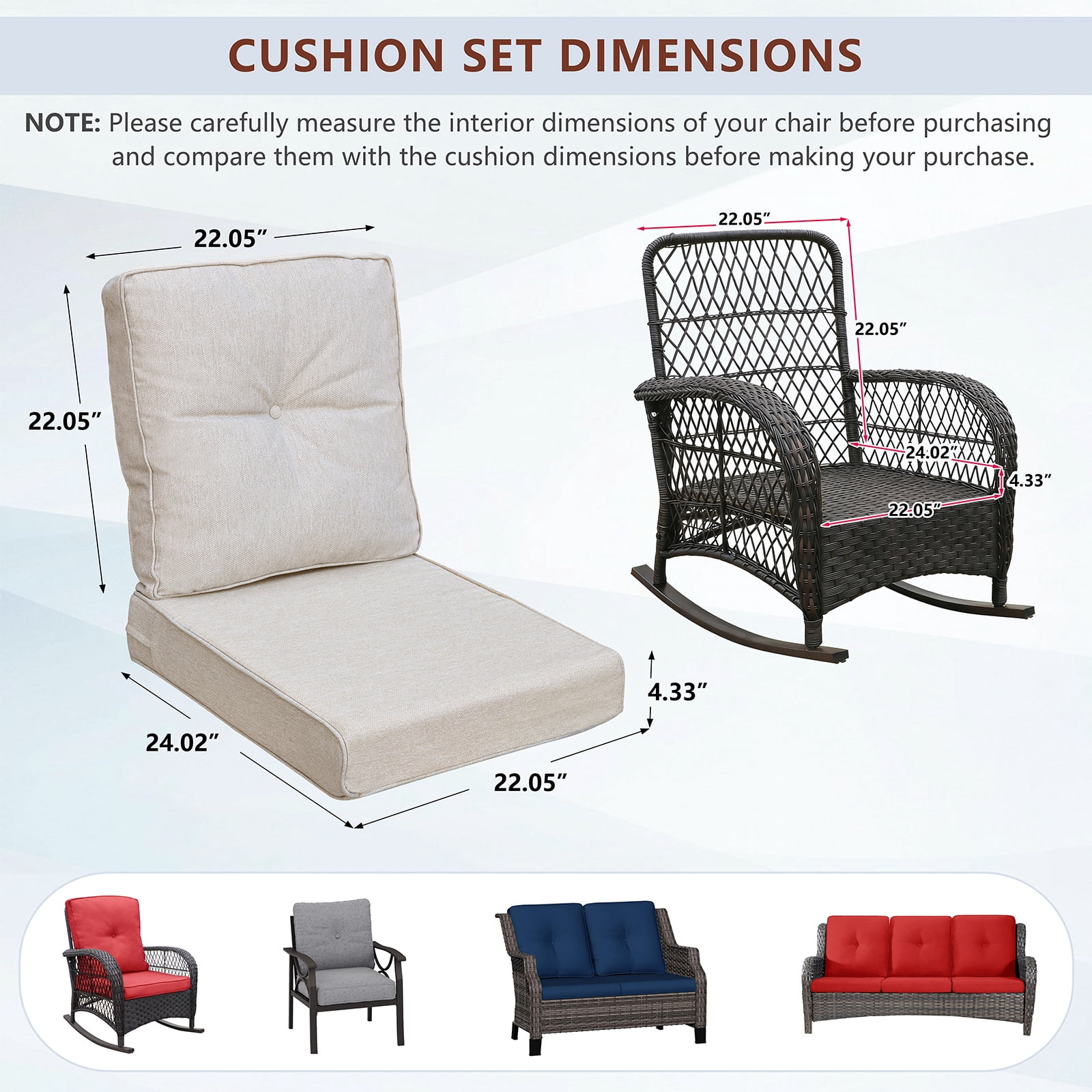 ATR ART to REAL 22" x 24" x 4.3" Outdoor Chair Deep Seat Cushion Set,Patio Furniture Replacement Cushion,Waterproof & Fade Resistant,Khaki