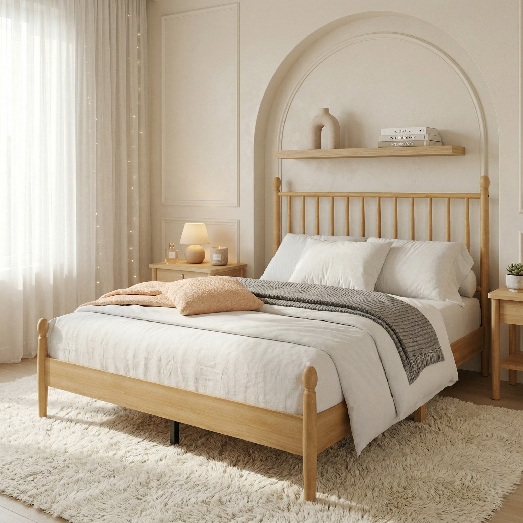 Home Design Downey Solid Wood Twin Platform Bed With Spindle Headboard, No Box Spring Required, Light Oak