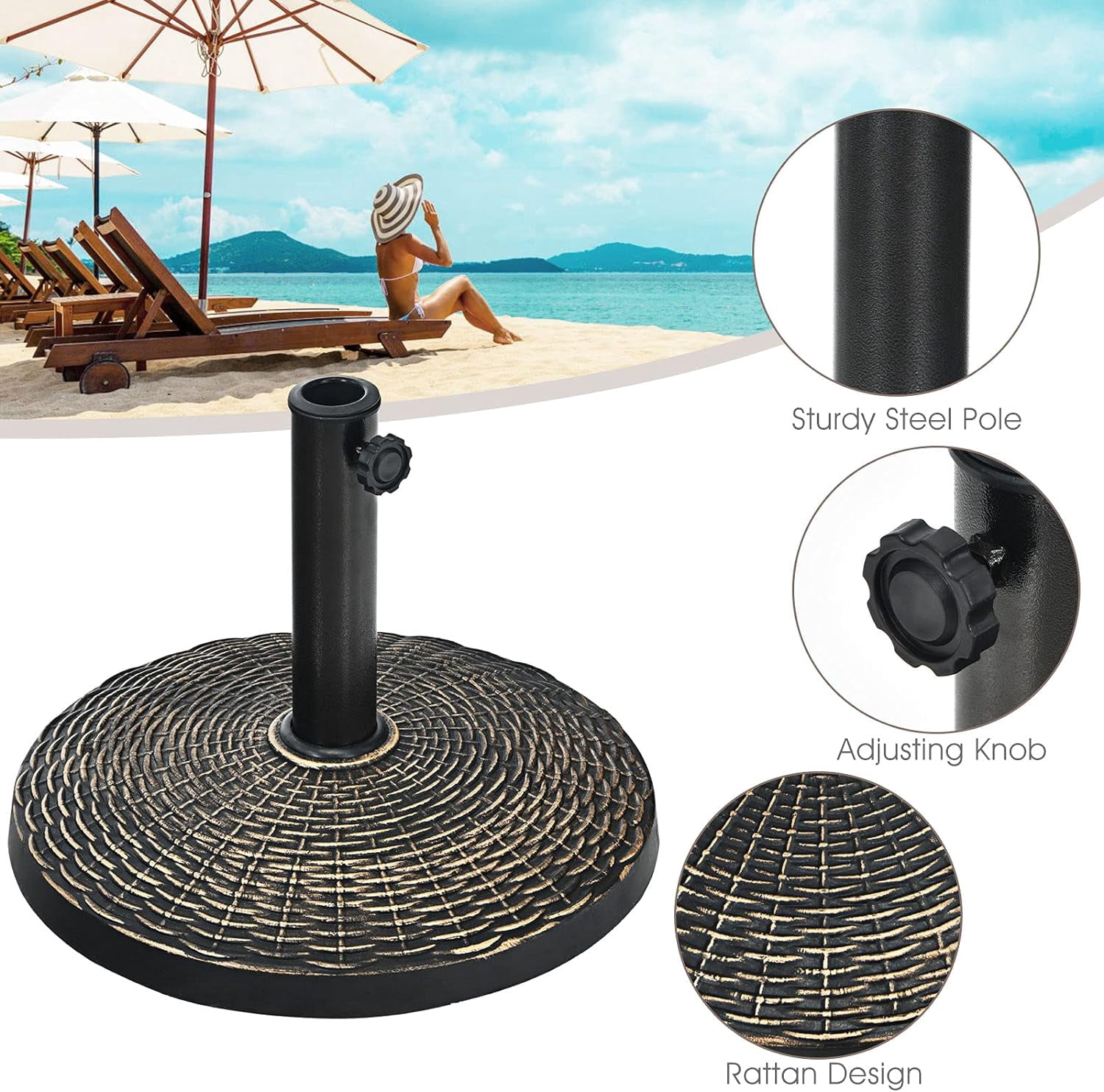 WBTER 22 lbs Patio Umbrella Base, 18 Inch Round Outdoor Umbrella Stand for 1.5'' or 1.9'' Diameter Pole, Heavy Duty Market Umbrella Holder for Garden Beach Yard Poolside Lawn, Bronze