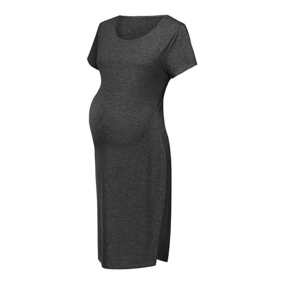 Lilgiuy Women's Maternity Dress Pregnant Dress for Photoshoot Wedding Guest Charming Short Sleeve Round Neck Solid Middle Length Split Dress Dark Gray