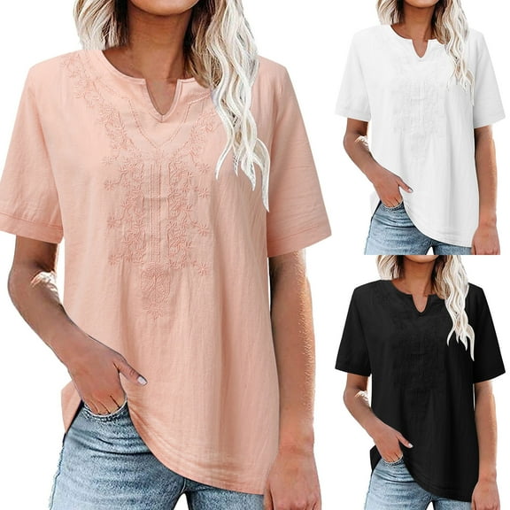 Womens T Shirts Loose Fit Solid Color V Neck Embroidered Embossed Short Sleeve T Shirts Plus Size Shirts Curvy Women Black L