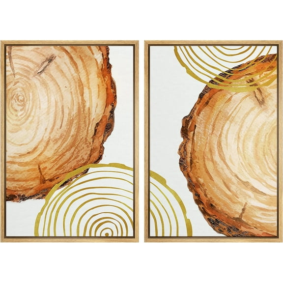 IDEA4WALL Framed Canvas Print Wall Art Set Orange Pastel Forest Tree Wood Rings Abstract Art Country Decorative Graphic Colorful Nature Artwork for Living Room, Bedroom, Office - Natural 24"x36"x2