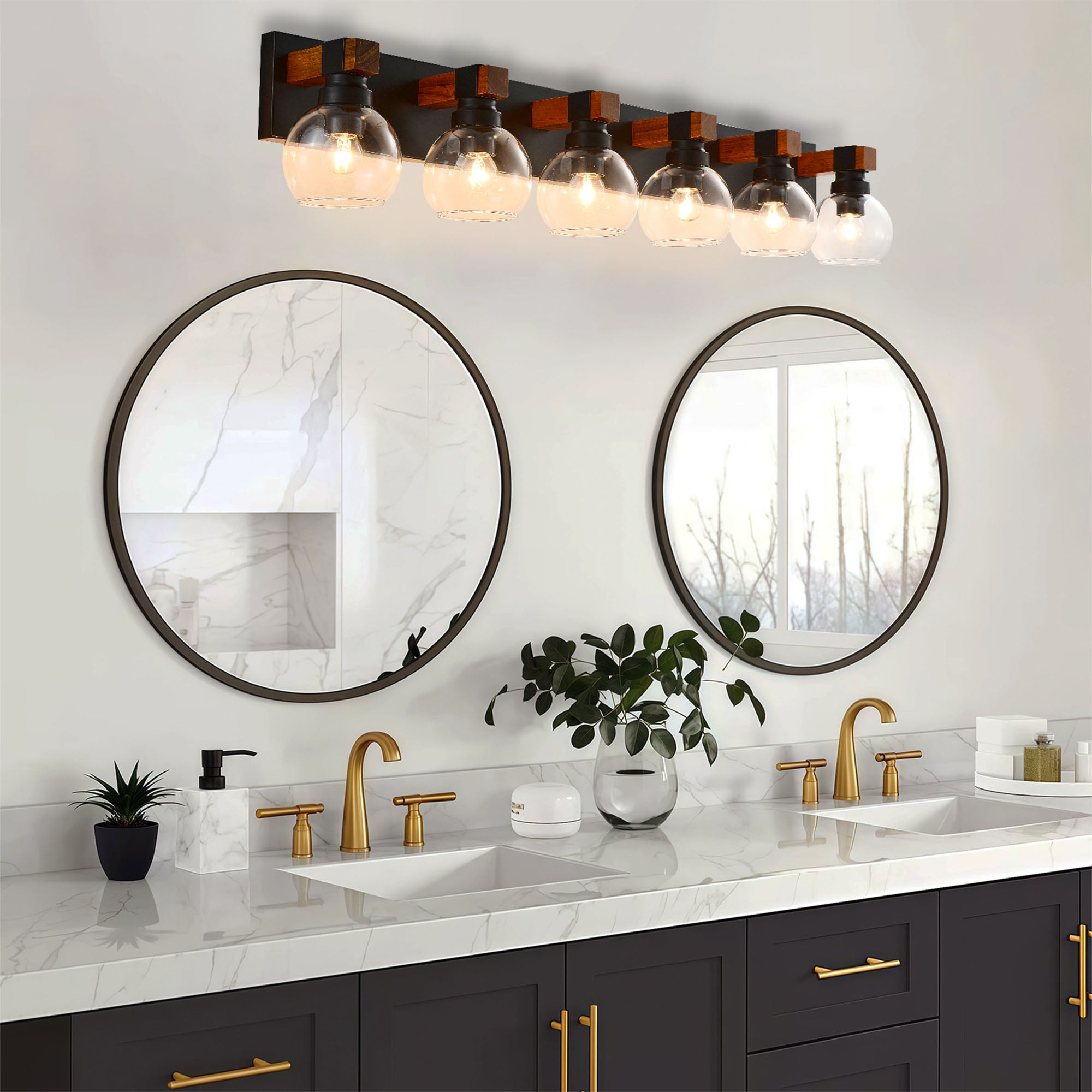 6 Light Bathroom Vanity Light Fixture,Black and Gold Bathroom Finish Over Mirror,Farmhouse Wall Sconces with Clear Glass Shade for Living Room Bedroom