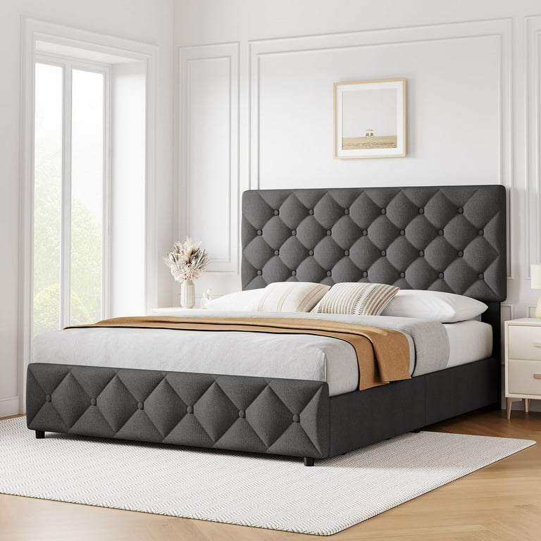 WhizMax King Size Linen Upholstered Bed Frame with 4 Storage Drawers, Adjustable Diamond Stitched Tufted Headboard, Noise-Free, No Box Spring Needed, WhizMax King Size Linen Upholstered Bed Frame with 4 Storage Drawers, Adjustable Diamond Stitched Tufted Headboard, Noise-Free, No Box Spring Needed,