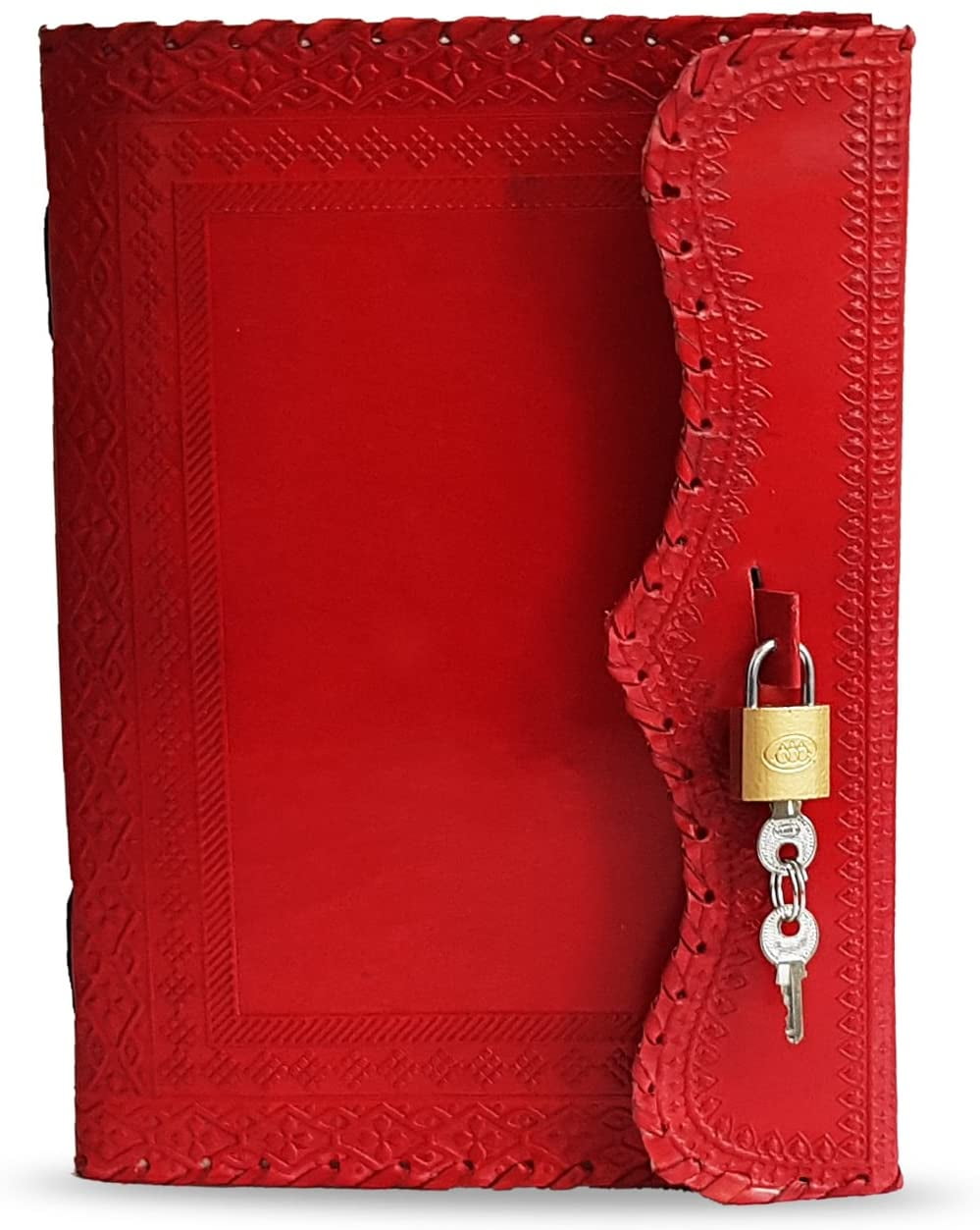 10' Leather Journal with lock Writing Pad Blank Notebook Handmade Notepad Men & Women Unlined Paper Best Present Art Sketchbook Travel Diary To Write Book Of Shadow Refillable Grimoire Red