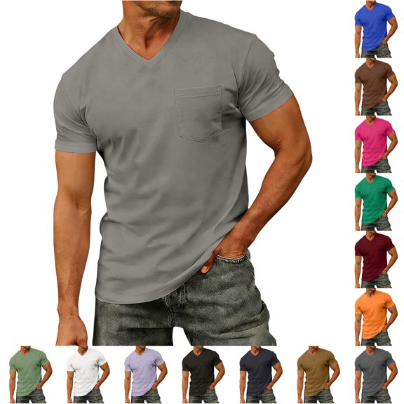 NinXxx Men's Short Sleeve Pocket Crew Neck Casual Outdoor Tee Grey XXL
