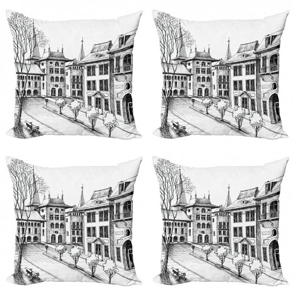 City Throw Pillow Cushion Case Pack of 4, Hand Drawn Outdoor Sketch of Autumn in Old European Town Buildings, Modern Accent Double-Sided Print, 4 Sizes, Charcoal Grey White, by Ambesonne