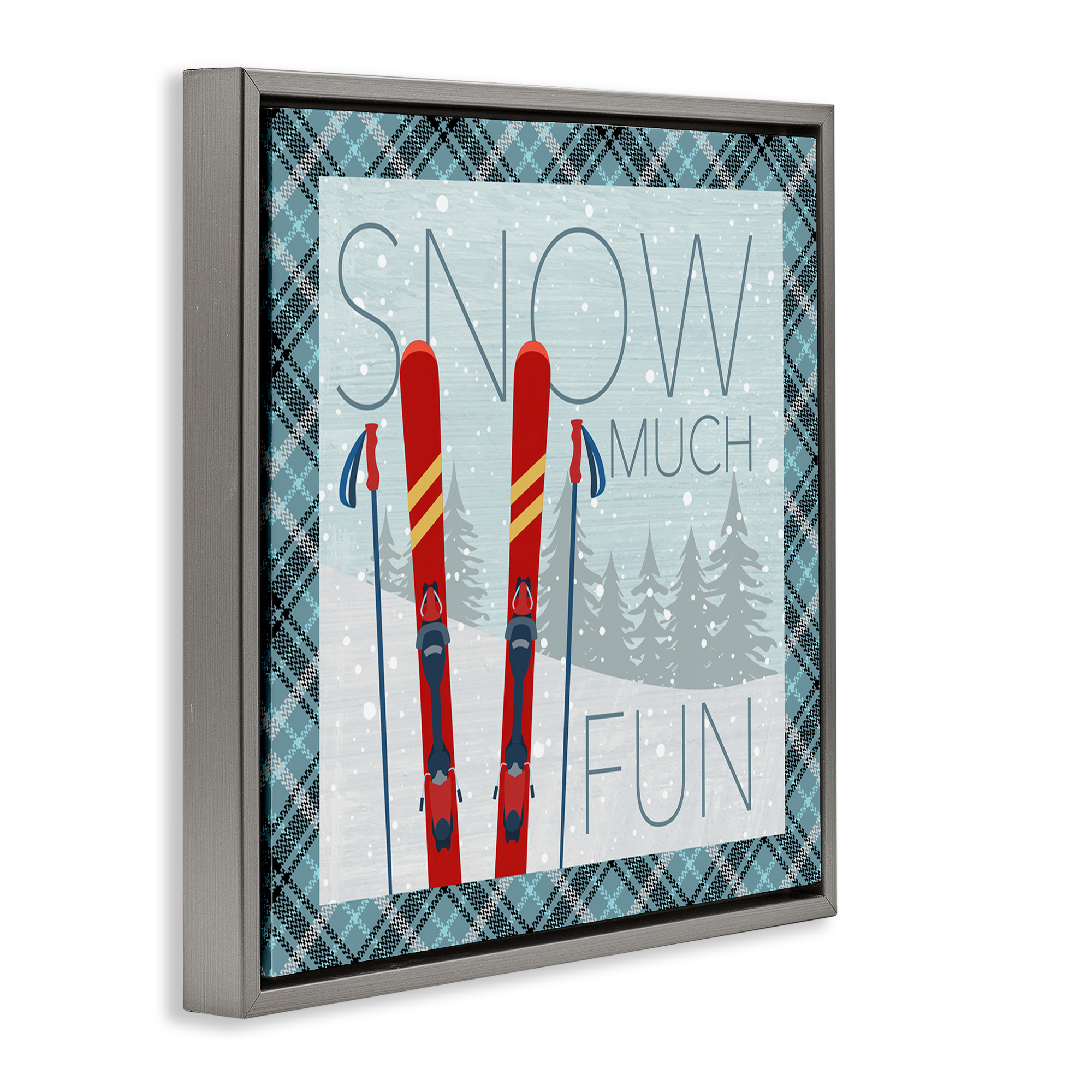 Stupell Industries Snow Much Fun with Plaid Landscape Painting Gray Floater Framed Canvas Art Prints Wall Art, 18 x 18
