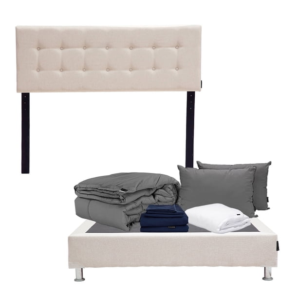 Box Base Cama Queen Size + Cabecera Bilbao Crema + Almohada 2Pack + Protector Cloud + Sabanas Softy + Edredon Homy