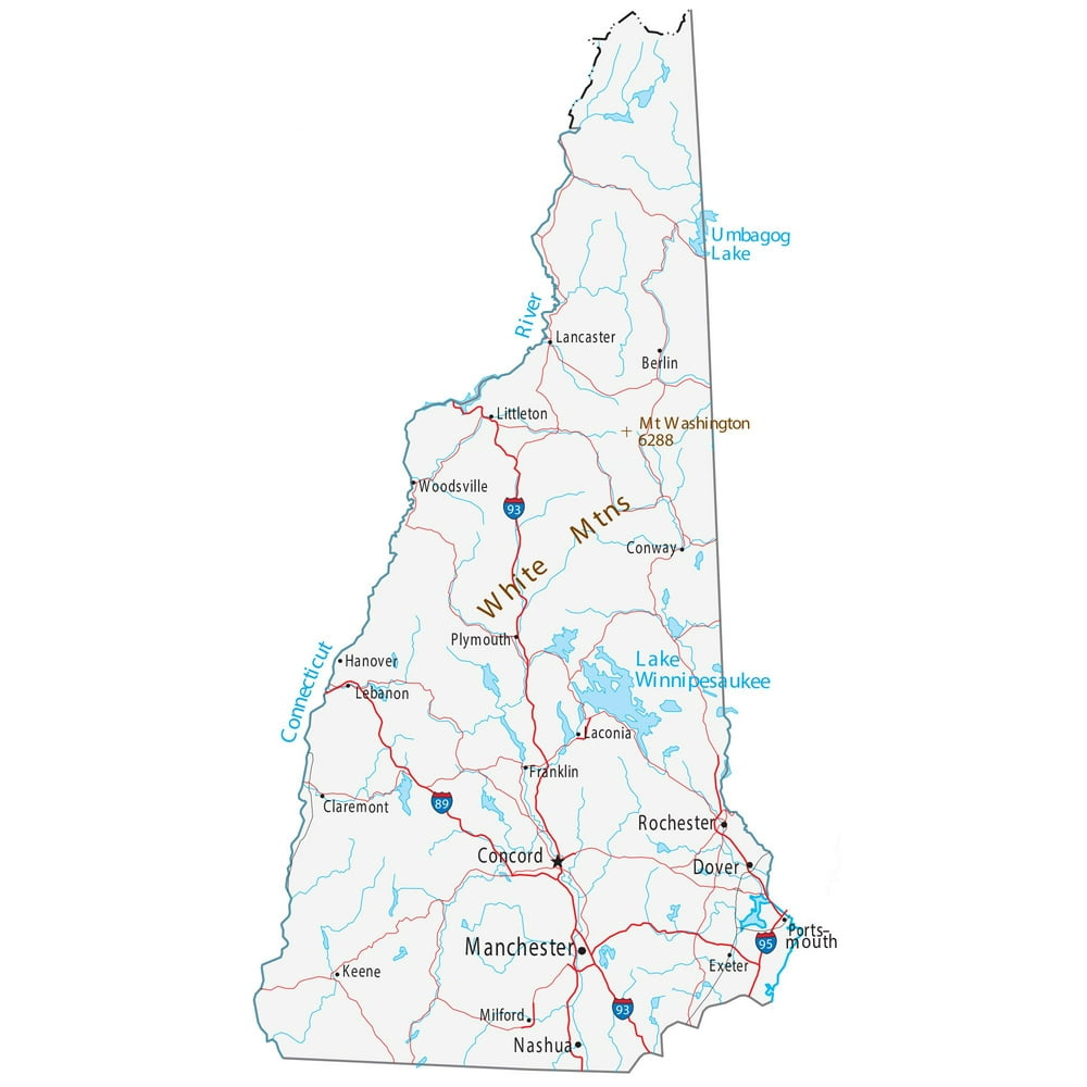 New Hampshire Map – Roads & Cities - Large MAP Vivid Imagery-12 Inch