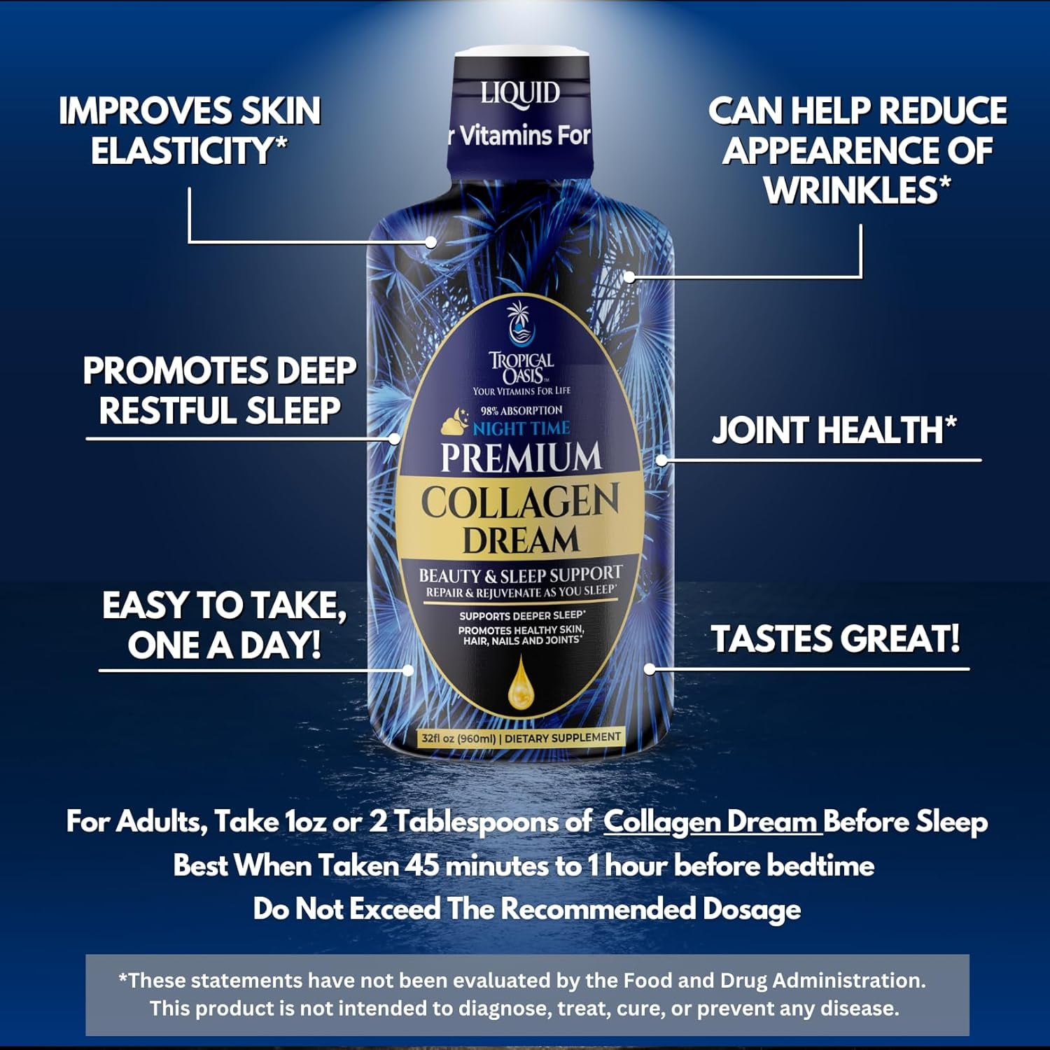 Tropical Oasis Collagen Dream, Premium Liquid Hydrolyzed Collagen Supplement for Men & Women, Sleep Aid for Healthy Hair, Skin, & Nails, Tropical Strawberry Mango, 32 fl oz, 32 Servings