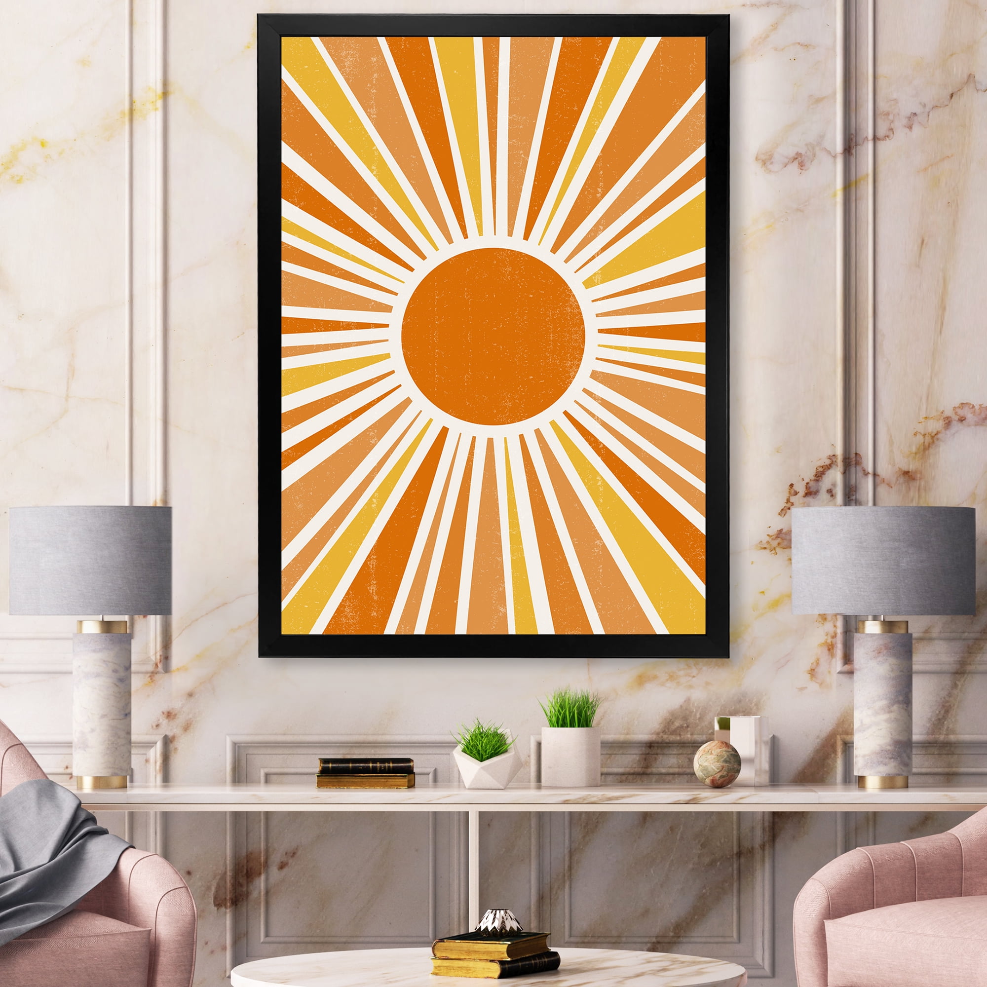 Designart 'Minimal Bright Shining Orange Sun Rays I' Modern Framed Art Print