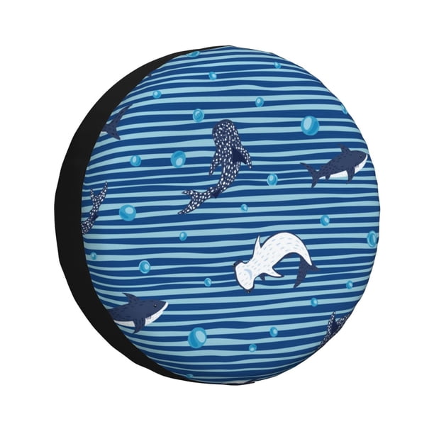 Fotbe Sharks on White Blue Striped Funda de Llanta de Repuesto con Estampado, Engrosada, Ajuste Universal para Jeep, Remolque, RV, SUV, Camión-15 inch