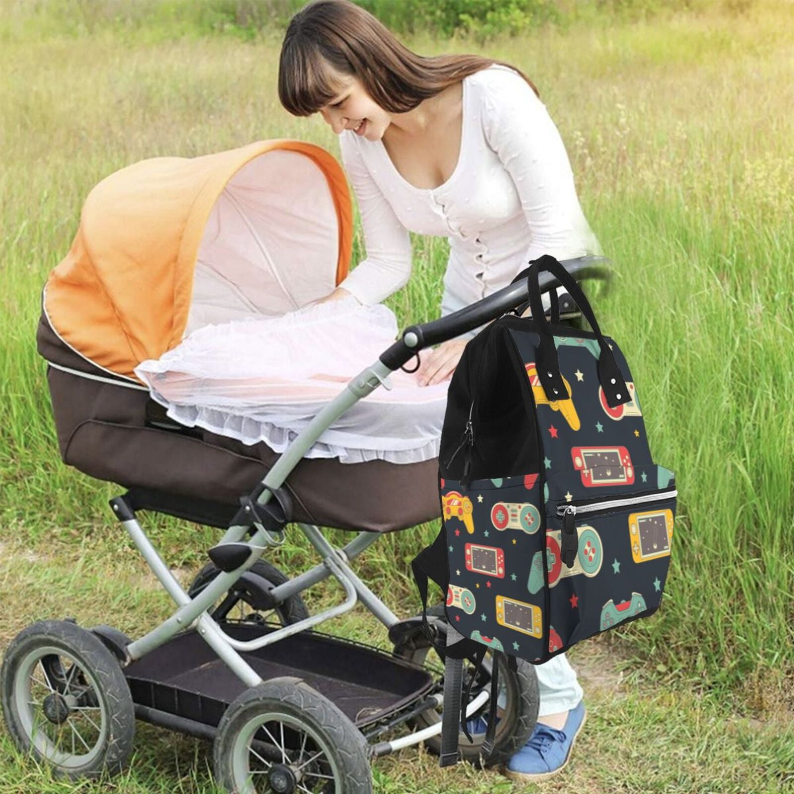 Fuzoiu Retro Video Game Print Diaper Bag Backpack,Baby Essentials Travel Tote,Multi function Waterproof Diaper Bag, Travel Essentials Baby Bag - Unisex