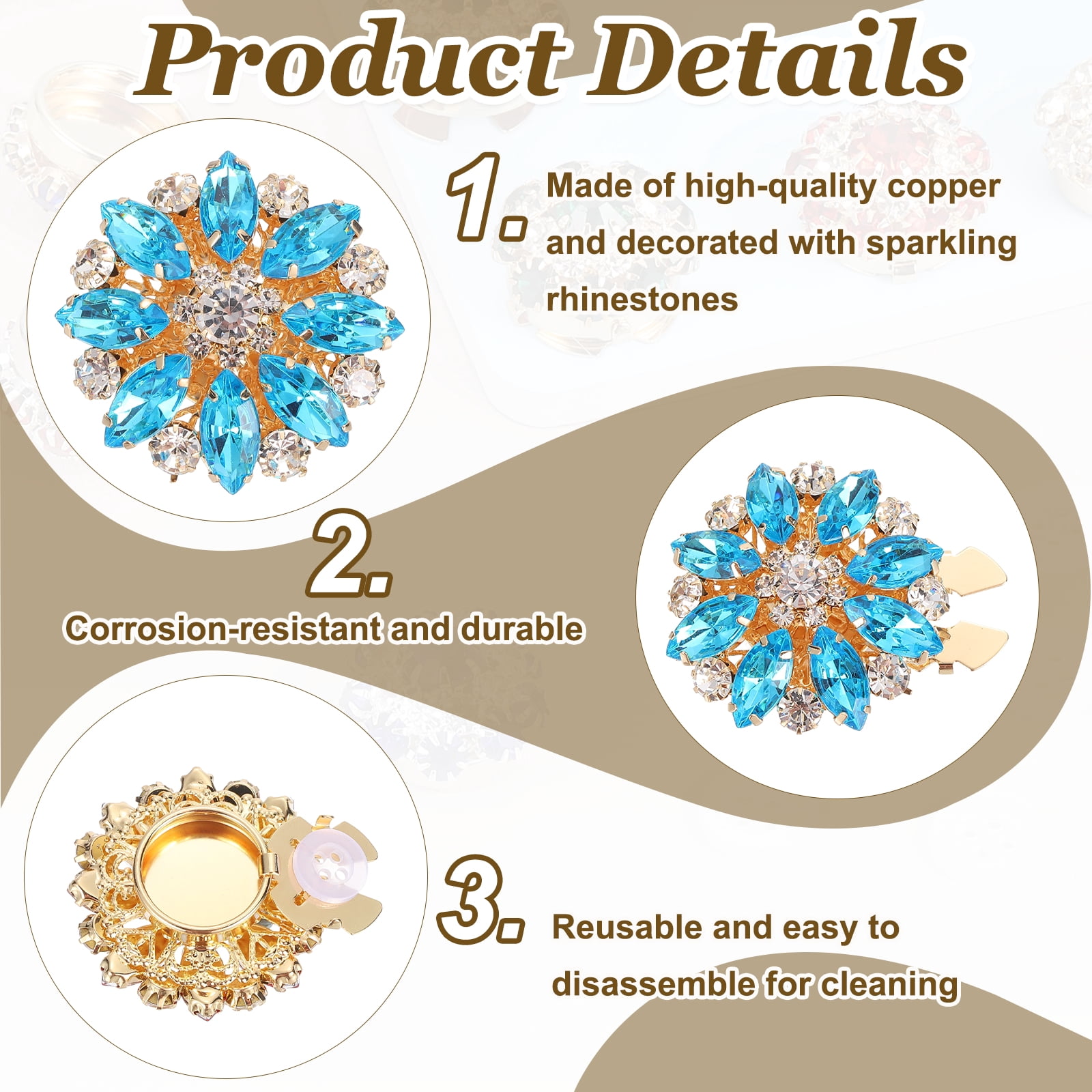 6 Pcs Rhinestone Button Covers Decorative Clips with 10 Pcs White Sewing Buttons Detachable Marquise Sewing Replacement for Women Men DIY Crafts Accessories (Lake Blue/Gold)