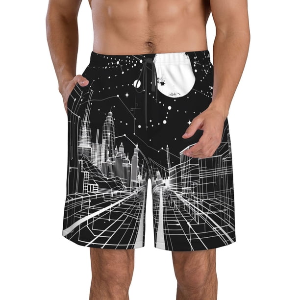 Balery Futuristic Moonlit Cityscape Traje de Baño Estilo Hawaiano para Hombre, Shorts de Secado Rápido con Bolsillos-Large