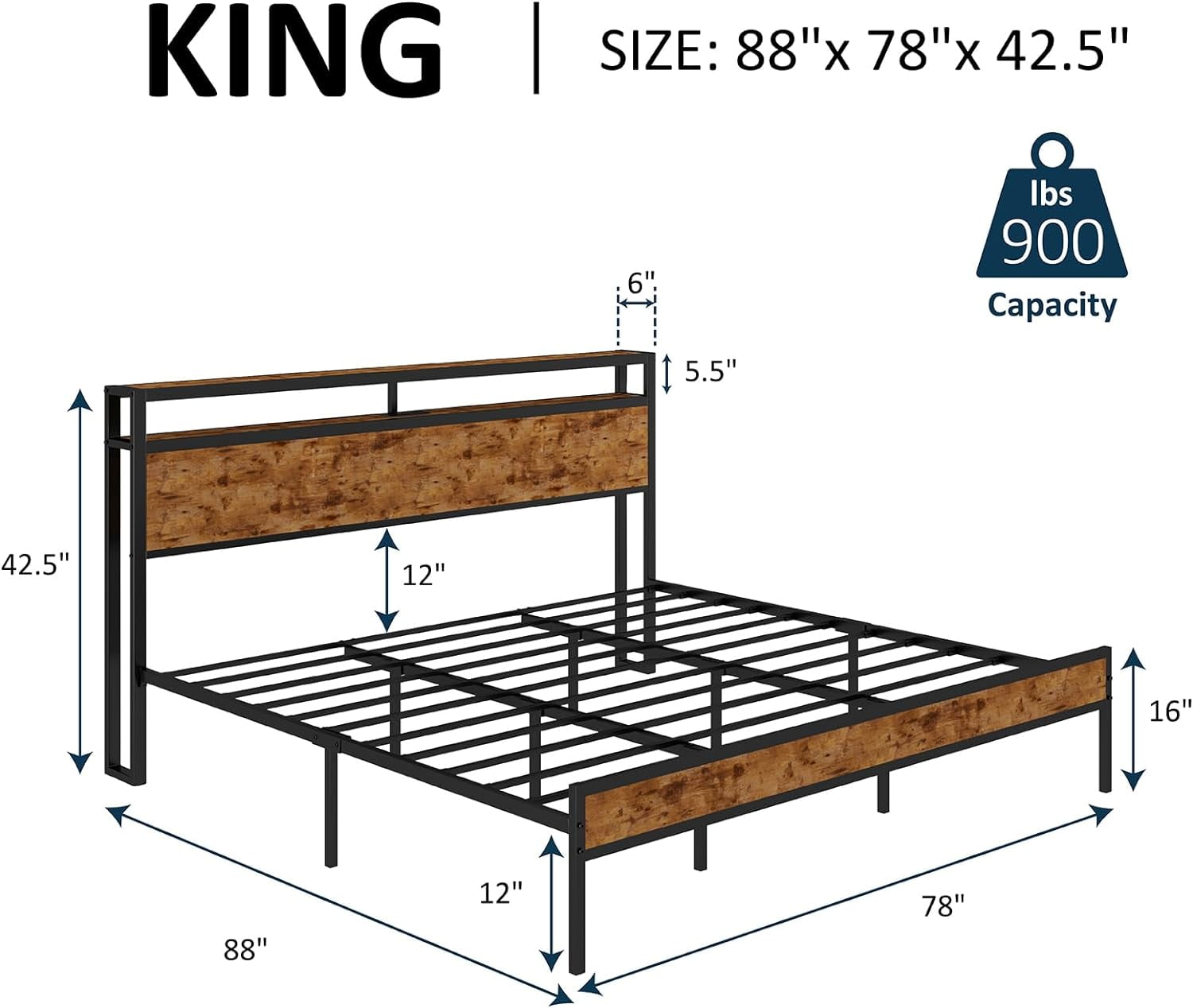 Merluxy King Size Bed Frame Industrial Platform Bed with Charging Station, 2-Tier Storage Headboard/ No Box Spring Needed/ Noise-Free/ Dark Brown