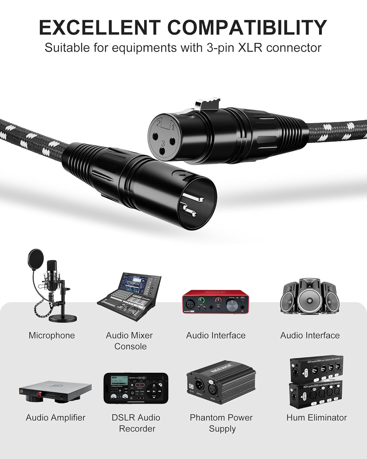 XLR Cables 50 ft 2 Pack Durable Nylon Braided XLR Microphone Cable, Mic Cable, OFC Shielded and Balanced XLR to XLR Male to Female Cord for Recording Mixer Amplifie Speaker Black White