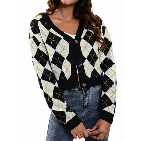 Women'S Knit Cardigan Sweaters Long Sleeve Argyle Open Front Button Down V Neck Cropped Coats Casual Trendy Tops Apricot Black L