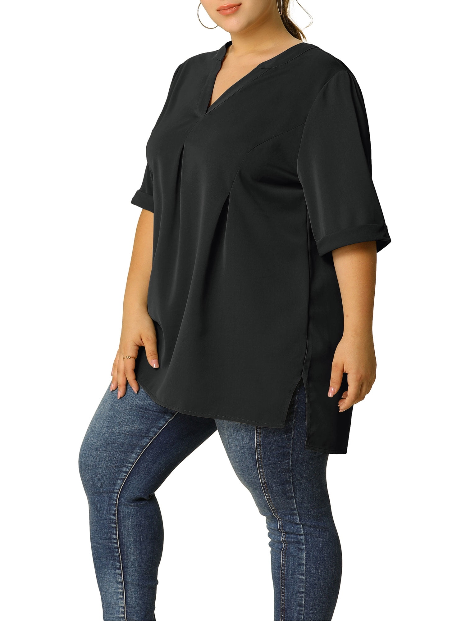 Unique Bargains Women's Plus Dip Hem Blouse V Neck Short Sleeve Tunic Top