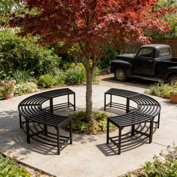 4-Piece Outdoor Heavy-Duty Metal Backless Storage Curved Bench Set & Plant Stand, Black