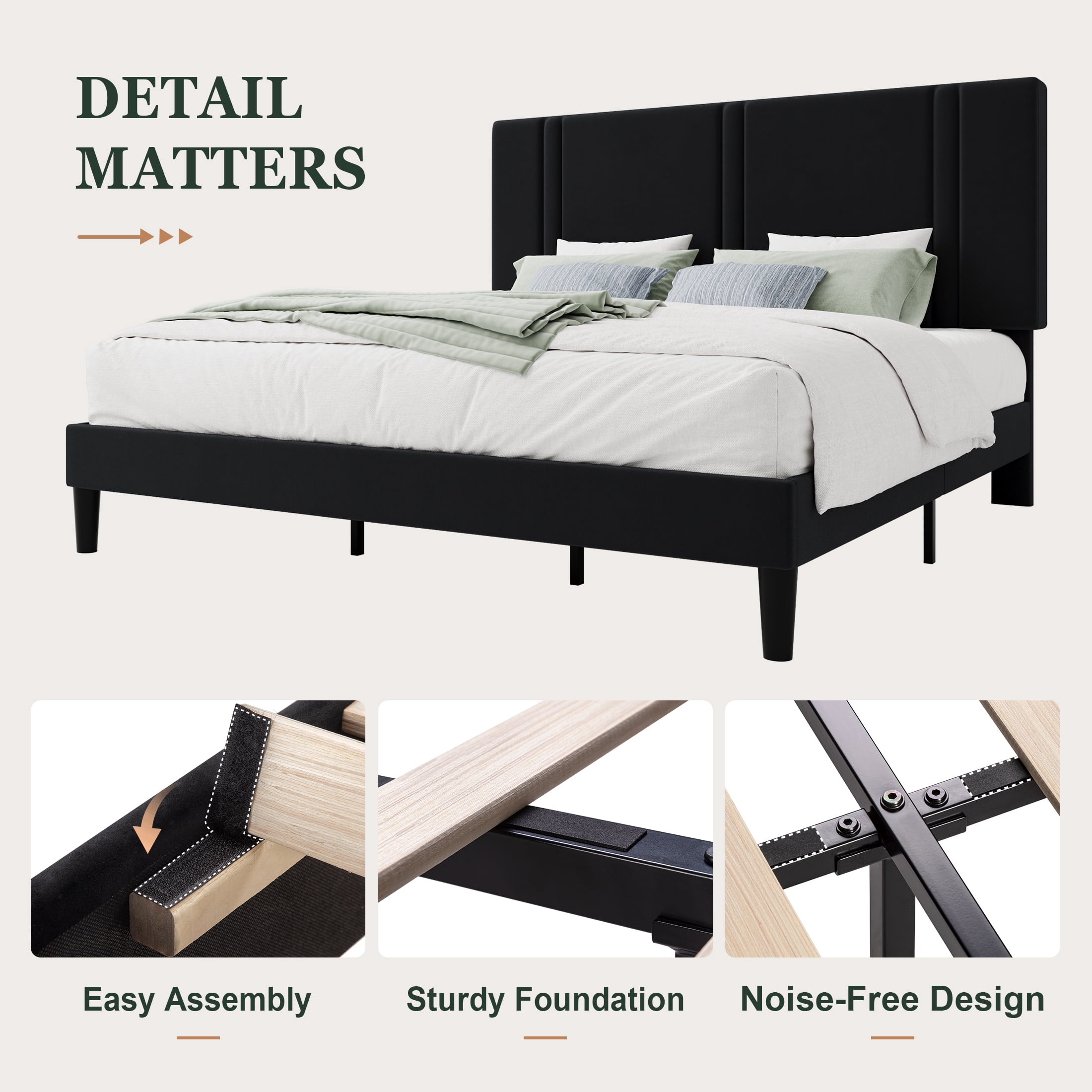 Amolife King Bed Frame, Platform Bed with Upholstered Velvet Adjustable Headboard, Wooden Slats, Easy Assembly, Black