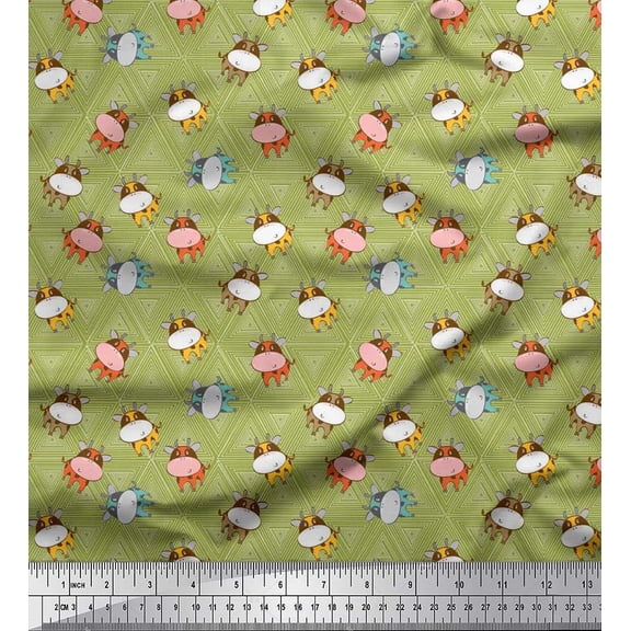 Soimoi Polyester Crepe Fabric Triangle & Cow Cartoon Print Sewing Fabric Yard 42 Inch Wide