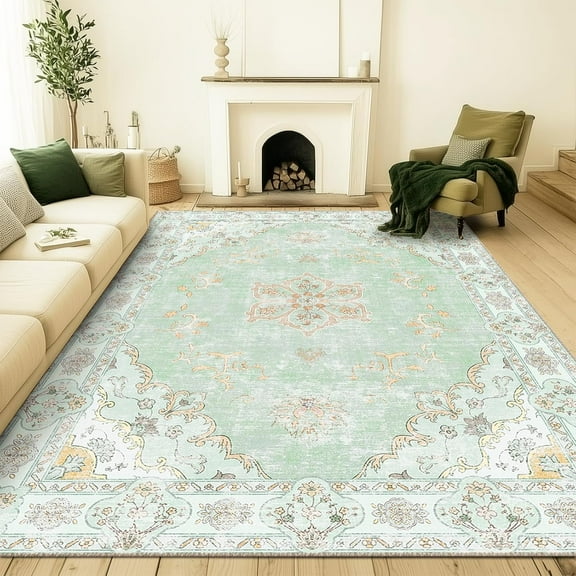 Vintage Floral Printed Pattern Machine Washable Non-Slip Rugs For Living Room And Bedroom Sage Green 3x4ft