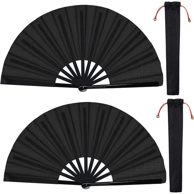 Paquete de 2 abanico de mano plegable grande, abanico plegable de mano, tela de nailon chino Tai Chi, abanico de Kung Fu con funda para hombres y mujeres, decoraciones de baile de rendimiento para