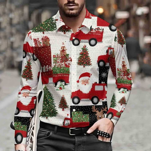 COSFO Collared Mens Button Up Shirt Party Long Sleeve Christmas Shirts Casual Funny Vacation Relaxed Fit Men's Shirts