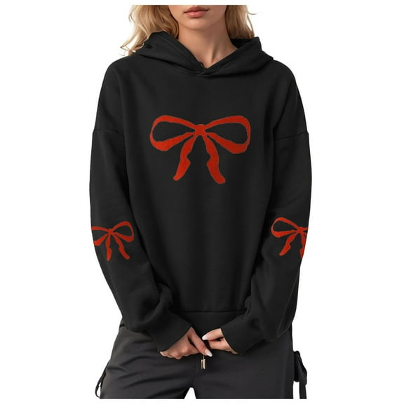 Xudanell Pullover Hoodies Crew Neck Sweatshirts Women Bow Red Hoodie Graphic Clothes for Women Black M