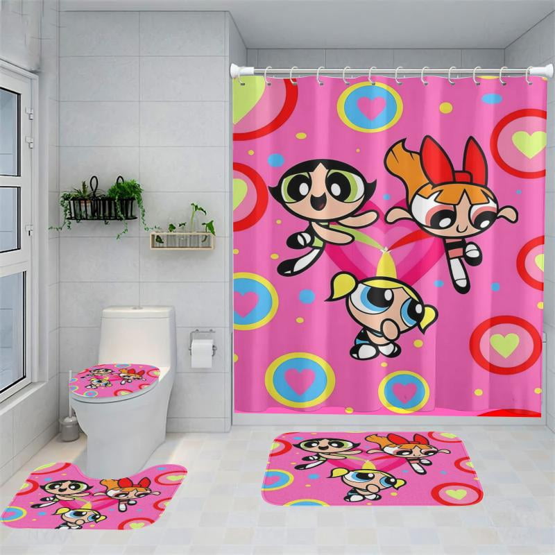Lheaggik Cartoon Powerpuff Girl 4 Pcs Bathroom Sets with Shower Curtain and Rugs, Waterproof Polyester Shower Curtain Sets with Hooks