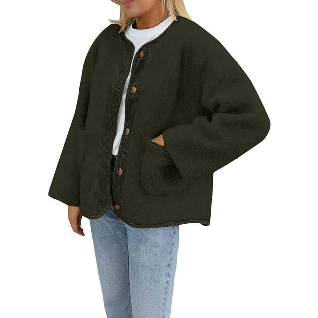 Women's Double Sided Fleece Jacket, Button Up Plush Coat, Soft Long Sleeve Cardigan, Cozy Winter Outerwear, Casual Fall Fashion, Functional Pocket Design, 2025 Trendy Style Army Green XL