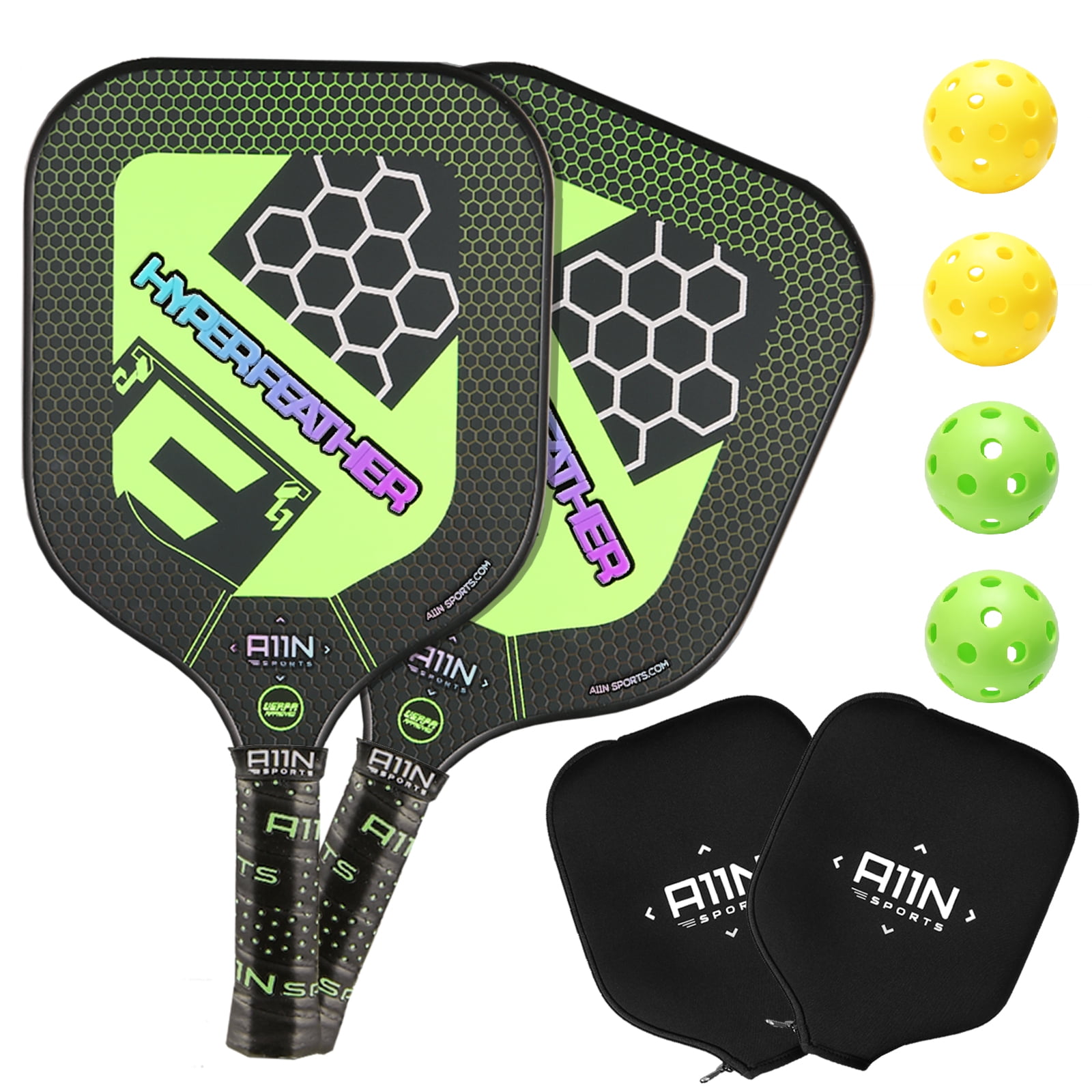 Covers Ultra Cushion Grip & Upgrade Racquet A11N SPORTS A11N Premium Pickleball Paddle Set Drawstring Bag Overgrips Durable Balls Graphite Face and Honeycombed Polymer Core Paddles 