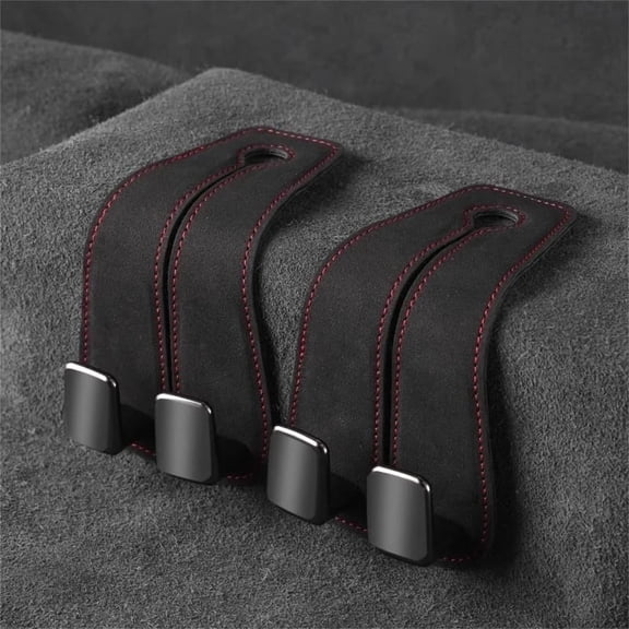 Leather Car Seat Headrest Double Hooks Organizer | Durable Leather & Metal Bag Holder | Car Seat Back Phone Mount | Space Saving Purse Hook for Wallets Bags 2 Pack | Fits Most Vehicles
