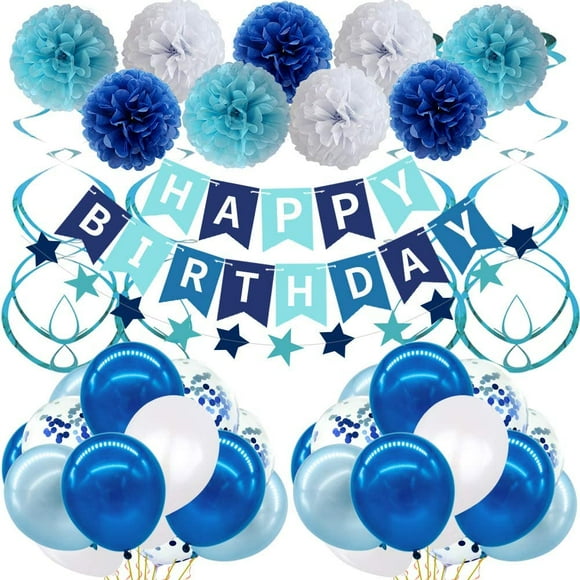 Birthday Party Decorations for Boy Girl Men Women, Blue Birthday Party Supplies with Happy Birthday Banner, Confetti Balloons for 16th 18th 20th 25th 30th 40th 50th 60th 70th Party Decor