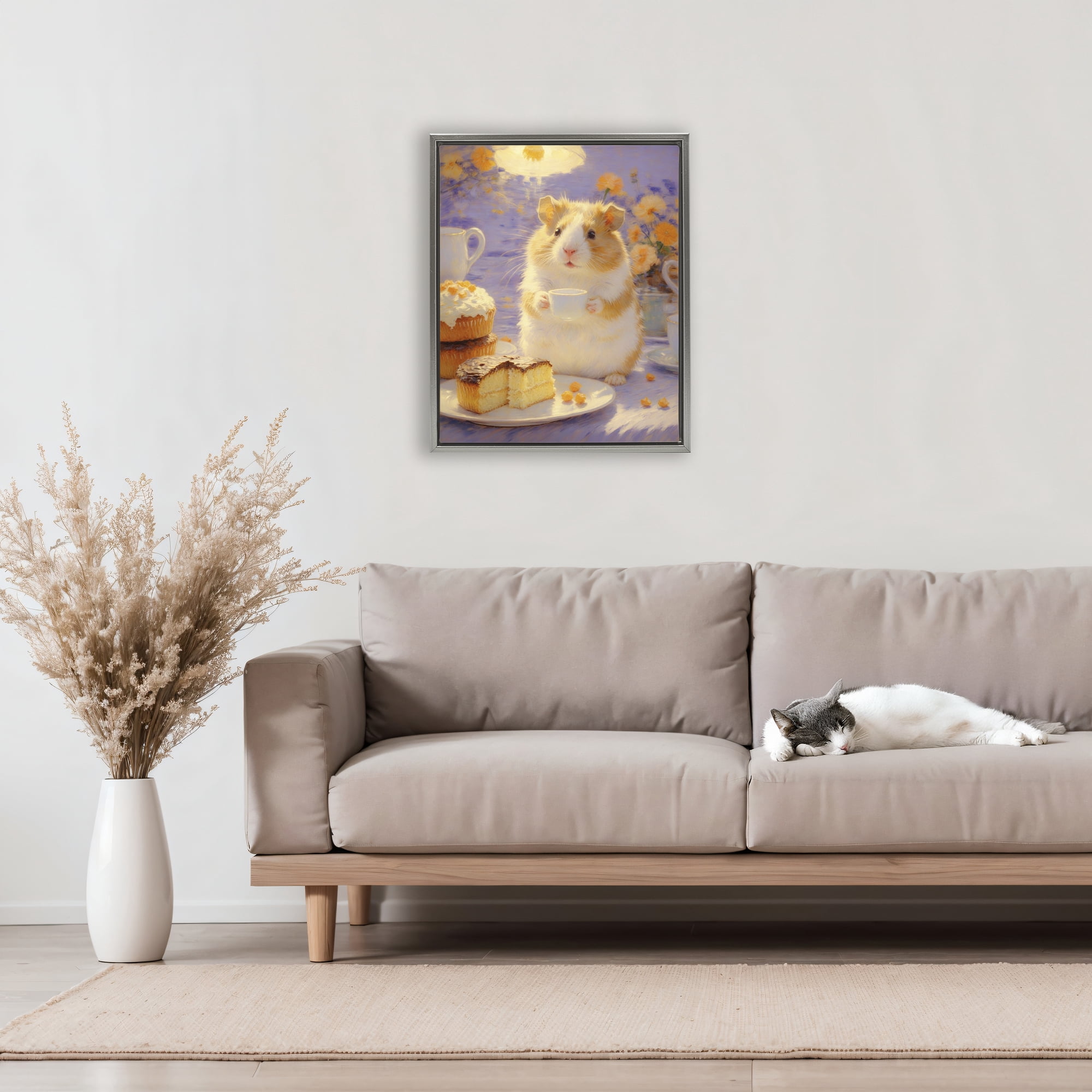 Stupell Industries Hamster Tea Party with Cake Gray Framed Floater Canvas Wall Art, design by Angie Hawke