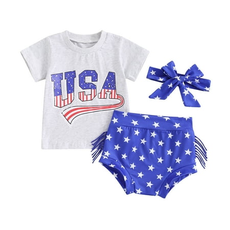 

ESASSALY Baby Girl 4th of July Outfit T-Shirt Top Tassels Shorts Headband Set Star Pattern Clothes