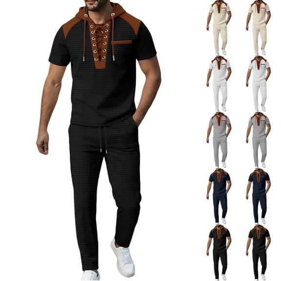 HBGVBA Men Casual 2 Piece Outfit Color Blocked Knit Short Sleeve Hooded T-Shirt with Pocket Straight Long Pants Set