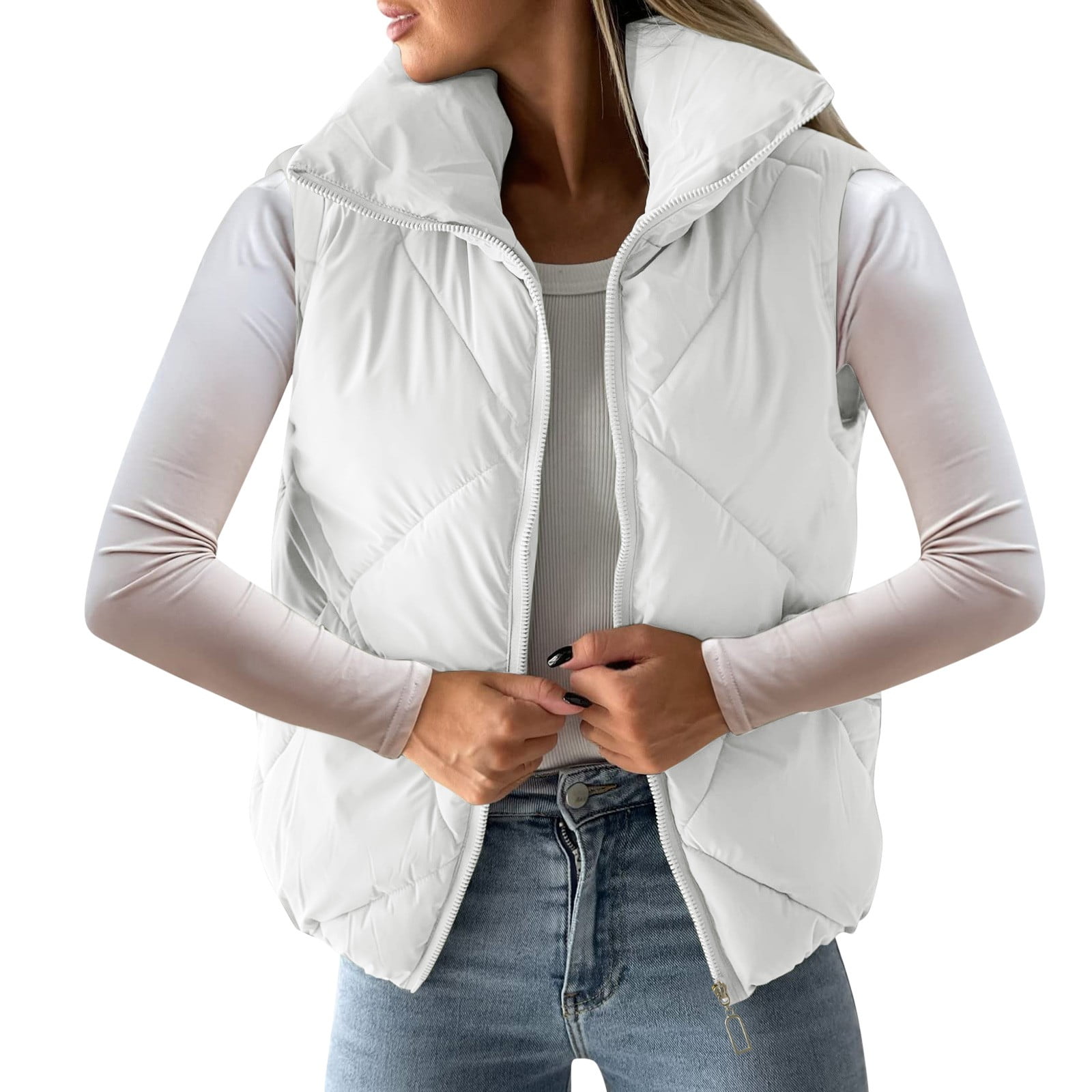 Coats For Women Pockets Full Zip Long Sleeve Quilted Jacket Short