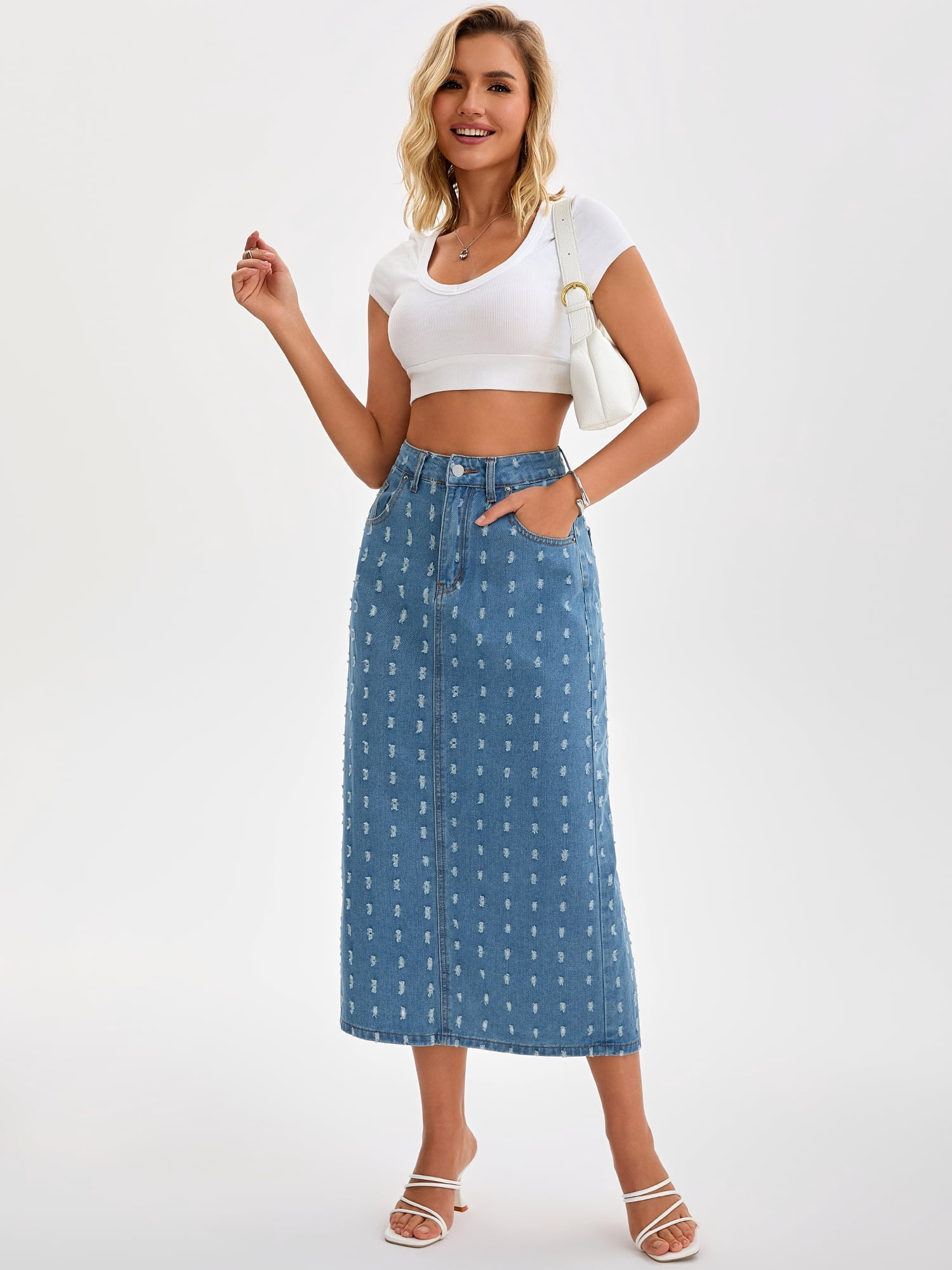 DARING DIVA Women's Denim Ripped Holes Back Slit Midi Jean Skirts Large Light Blue