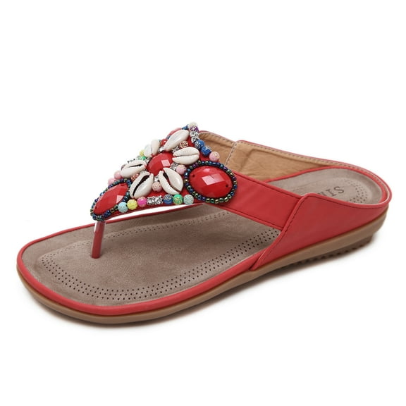 Women's Bohemian Beaded Shell Flip Flops - Vintage Ethnic Style Beach Sandals