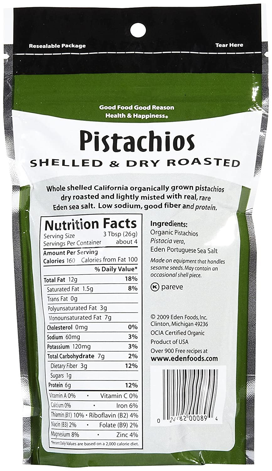 Eden Organic Pistachios, 4 oz, Shelled and Roasted Pack of 15