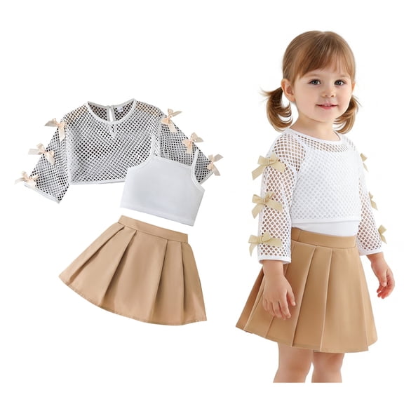 Girl's 3 Piece Outfit Long Sleeve Mesh Top and Cami Tops with Pleated Skirt Set Girls Skirt Set 18-24 Months