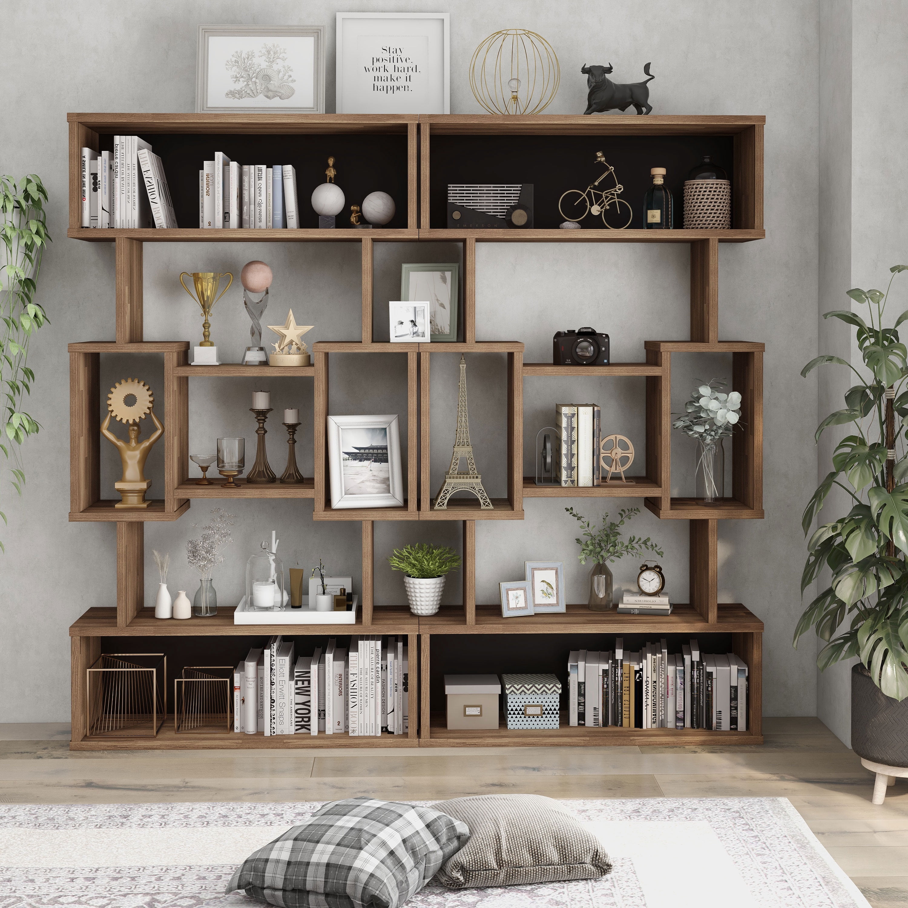 Furniture of America Rhine Modern 13-Shelf Geometric Bookcase, Light Hickory