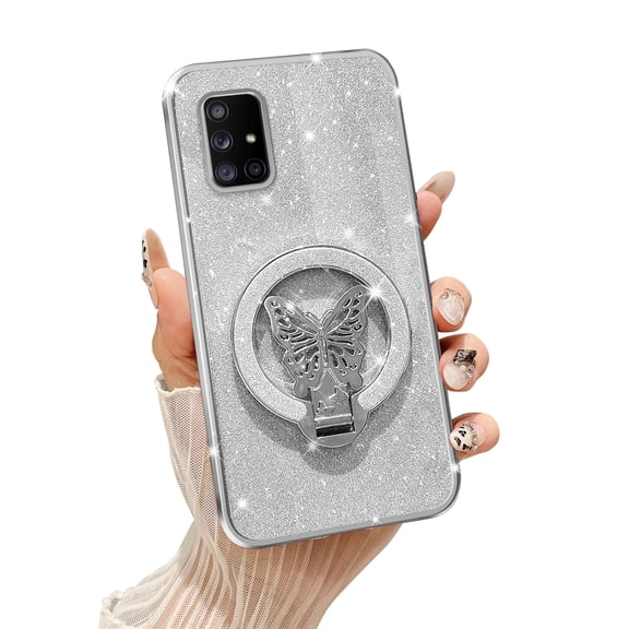 Fyxkocm for Samsung Galaxy A71 5G Case with Stand [Compatible with Mag Safe], Galaxy A71 5G Phone Case with Wrist Strap Shockproof Protective Soft Cover Bling Kickstand for Women Girls, Silver